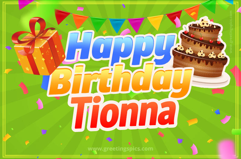 Happy Birthday Tionna picture with flags, chocolate cake and gift box