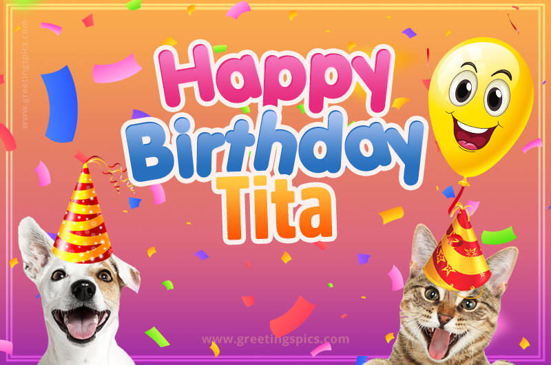 Happy Birthday Tita Funny Image with cat and dog