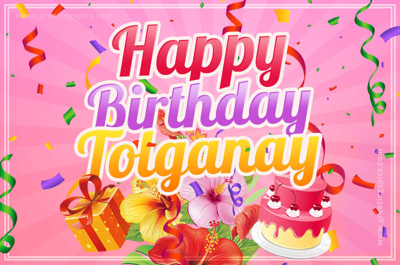 Beautiful Birthday Card for Tolganay with Cake and bouquet of flowers