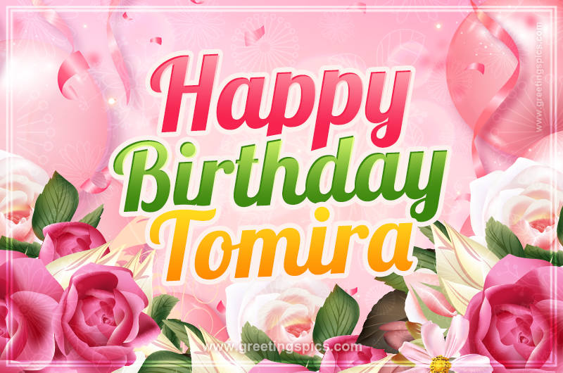 Image with gentle pink background and flowers Happy Birthday Tomira