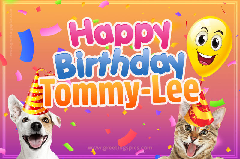 Happy Birthday Tommy-Lee Funny Image with cat and dog