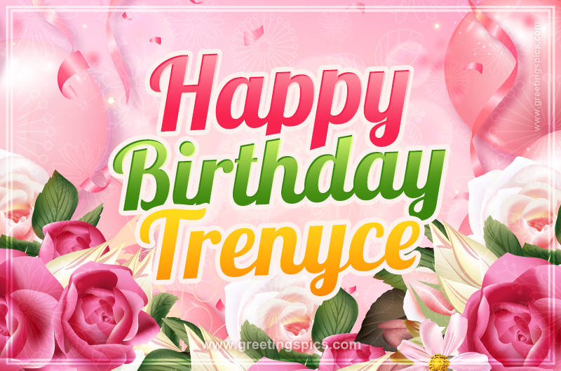 Image with gentle pink background and flowers Happy Birthday Trenyce