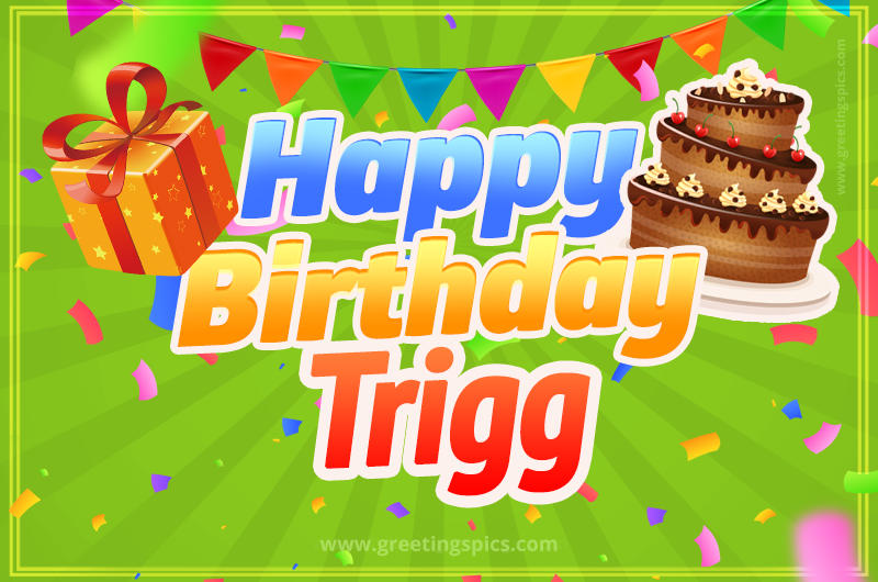 Happy Birthday Trigg picture with flags, chocolate cake and gift box