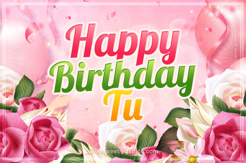 Image with gentle pink background and flowers Happy Birthday Tu