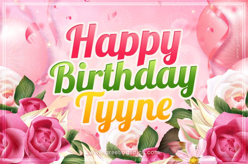 Image with gentle pink background and flowers Happy Birthday Tyyne