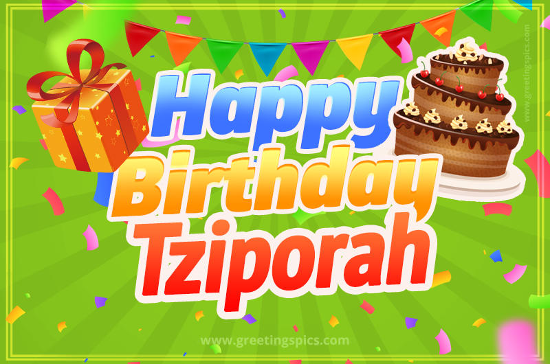 Happy Birthday Tziporah picture with flags, chocolate cake and gift box