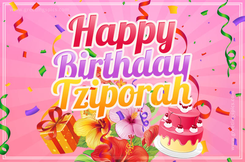 Beautiful Birthday Card for Tziporah with Cake and bouquet of flowers