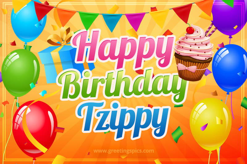 Happy Birthday Tzippy eCard with gift box and cupcake