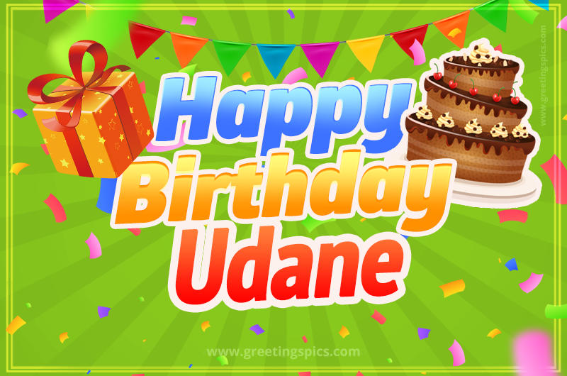 Happy Birthday Udane picture with flags, chocolate cake and gift box