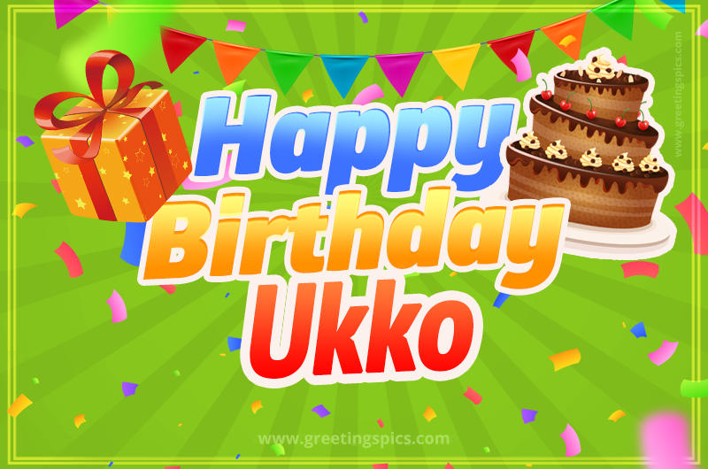 Happy Birthday Ukko picture with flags, chocolate cake and gift box