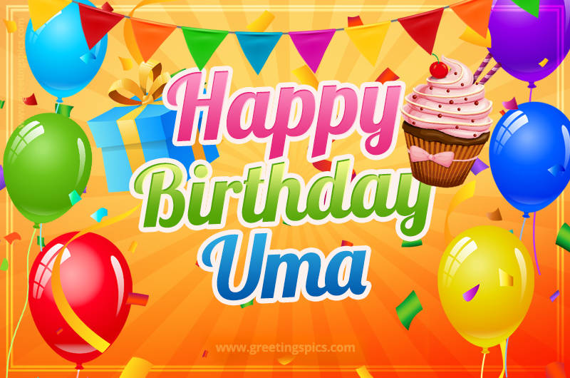 Happy Birthday Uma eCard with gift box and cupcake