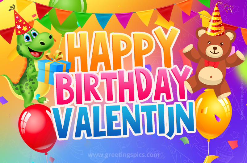 Happy Birthday Valentijn Image for a child with cute baby dinosaur and bear