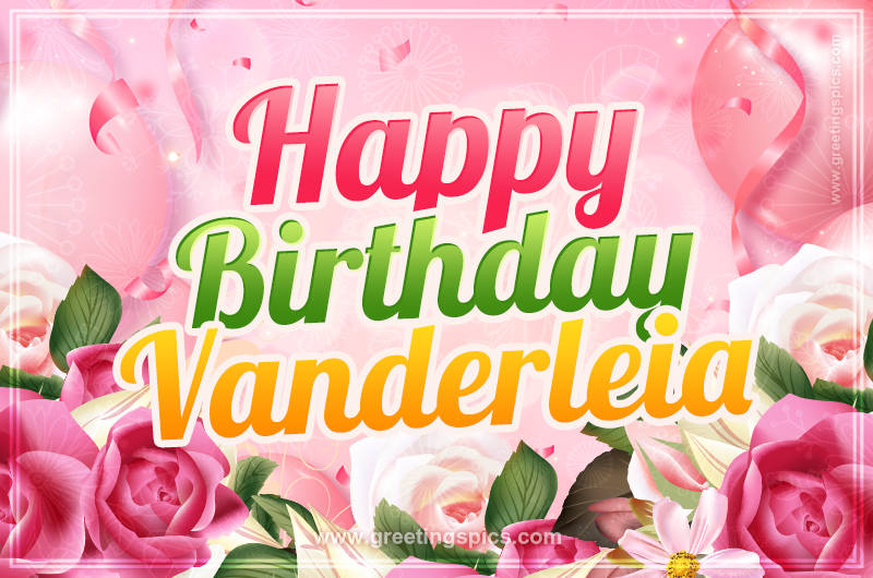 Image with gentle pink background and flowers Happy Birthday Vanderleia