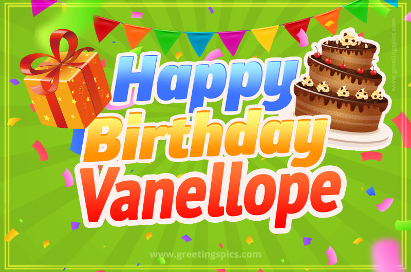 Happy Birthday Vanellope picture with flags, chocolate cake and gift box