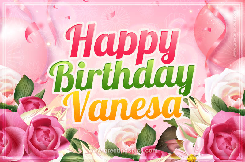 Image with gentle pink background and flowers Happy Birthday Vanesa