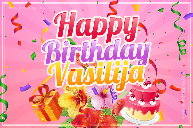 Beautiful Birthday Card for Vasilija with Cake and bouquet of flowers