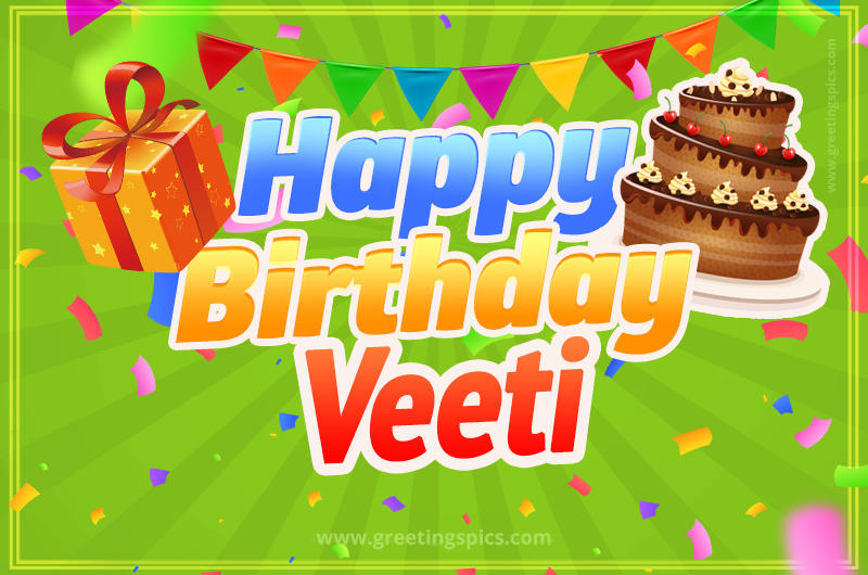 Happy Birthday Veeti picture with flags, chocolate cake and gift box