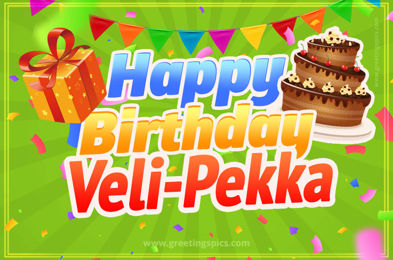 Happy Birthday Veli-Pekka picture with flags, chocolate cake and gift box