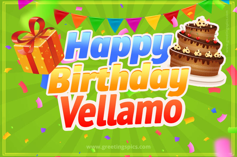 Happy Birthday Vellamo picture with flags, chocolate cake and gift box