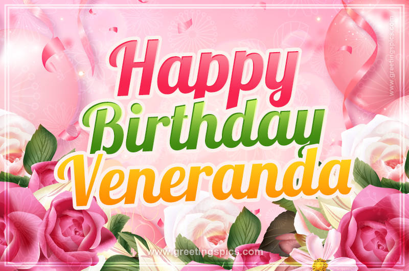 Image with gentle pink background and flowers Happy Birthday Veneranda