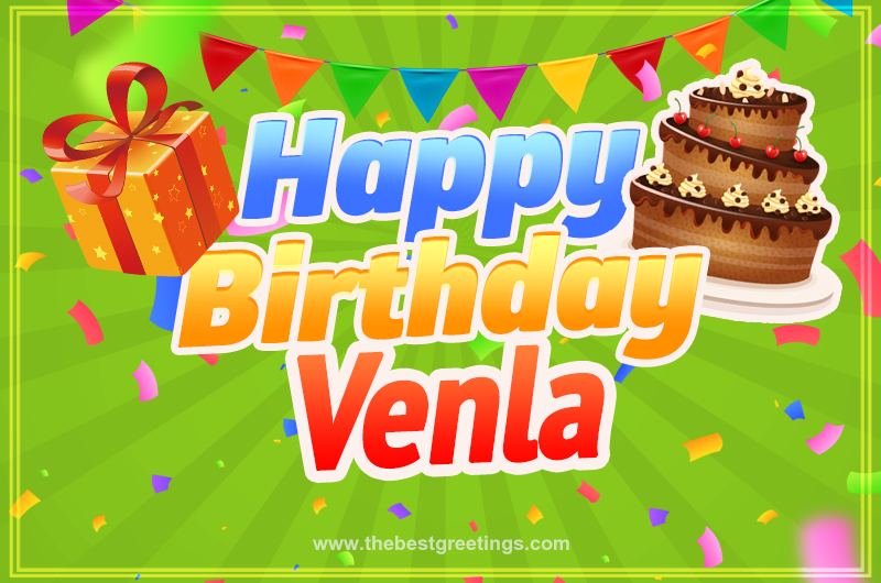 Happy Birthday Venla picture with flags, chocolate cake and gift box