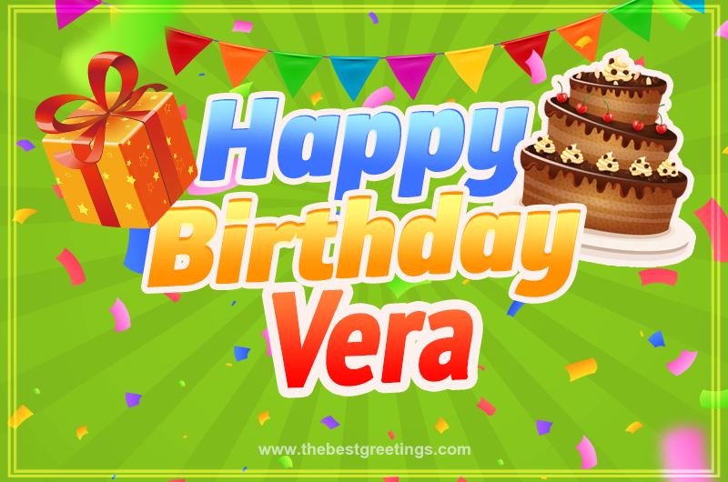 Happy Birthday Vera picture with flags, chocolate cake and gift box