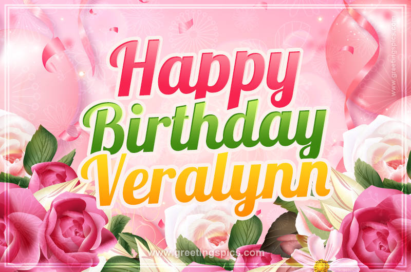 Image with gentle pink background and flowers Happy Birthday Veralynn