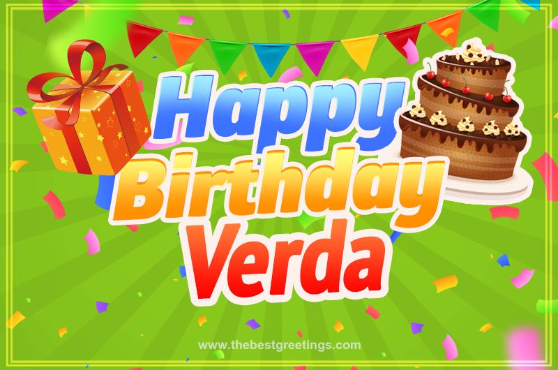 Happy Birthday Verda picture with flags, chocolate cake and gift box