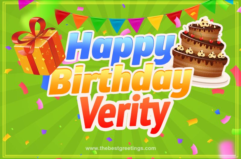 Happy Birthday Verity picture with flags, chocolate cake and gift box