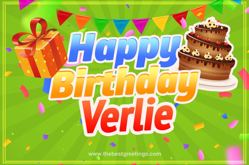 Happy Birthday Verlie picture with flags, chocolate cake and gift box