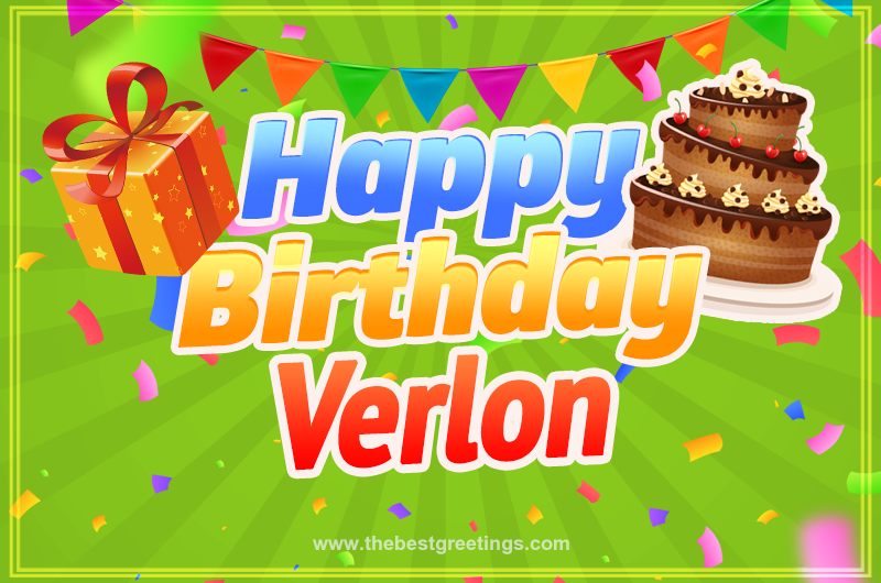 Happy Birthday Verlon picture with flags, chocolate cake and gift box