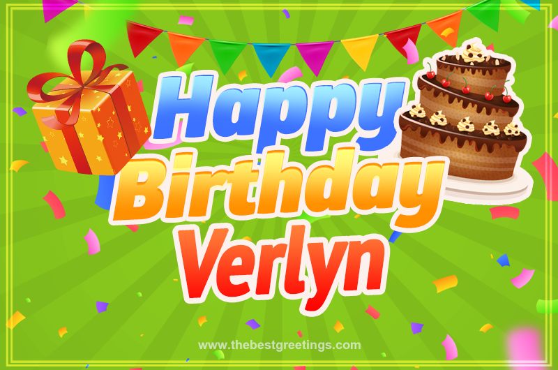 Happy Birthday Verlyn picture with flags, chocolate cake and gift box