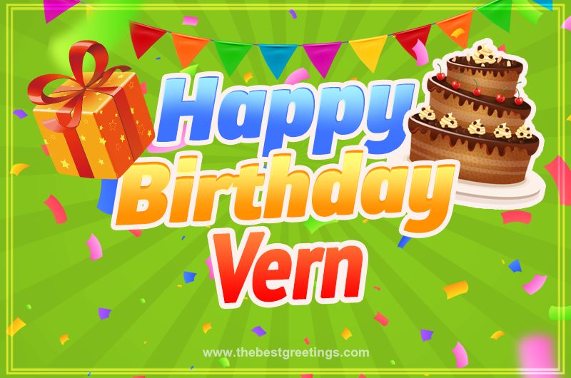 Happy Birthday Vern picture with flags, chocolate cake and gift box