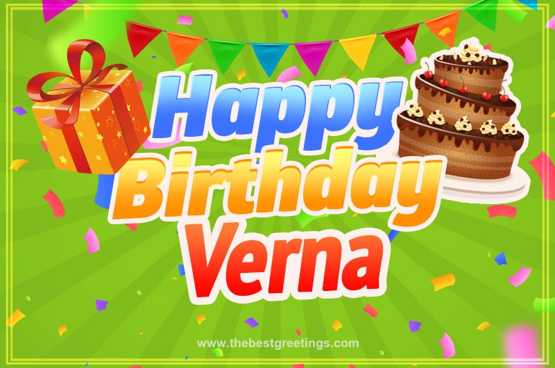 Happy Birthday Verna picture with flags, chocolate cake and gift box