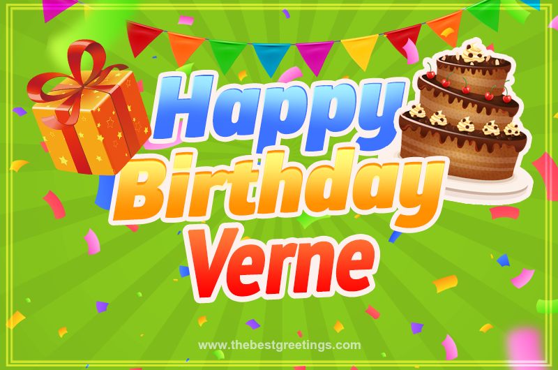 Happy Birthday Verne picture with flags, chocolate cake and gift box