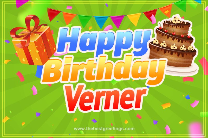 Happy Birthday Verner picture with flags, chocolate cake and gift box