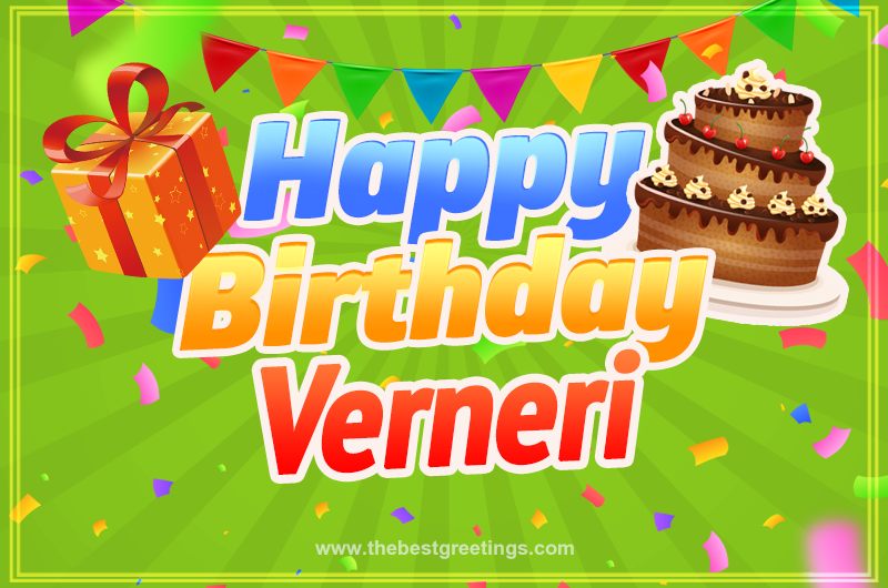 Happy Birthday Verneri picture with flags, chocolate cake and gift box