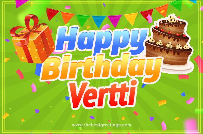 Happy Birthday Vertti picture with flags, chocolate cake and gift box