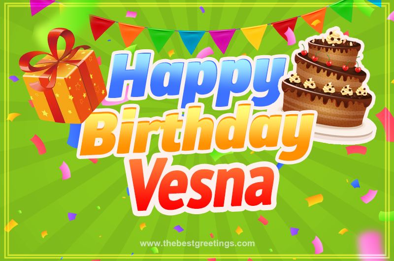 Happy Birthday Vesna picture with flags, chocolate cake and gift box