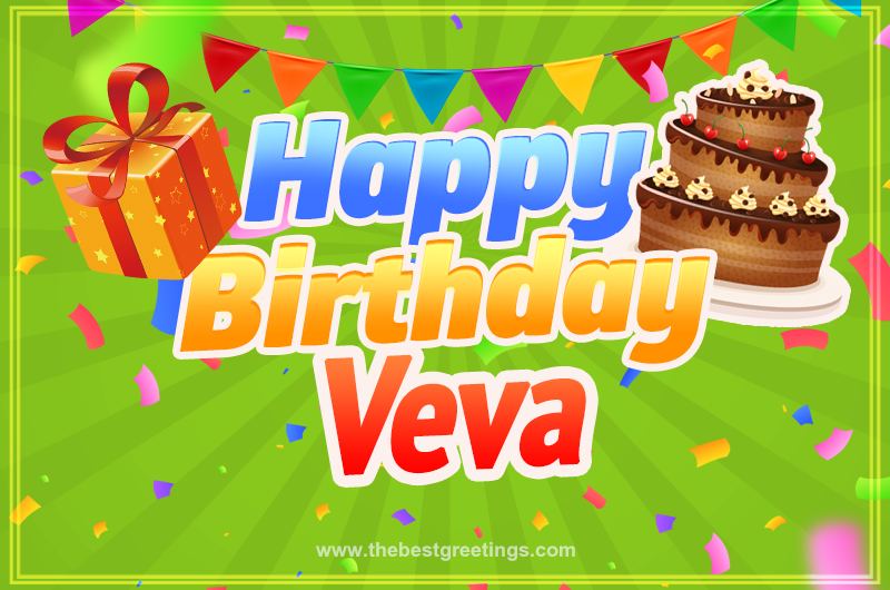 Happy Birthday Veva picture with flags, chocolate cake and gift box