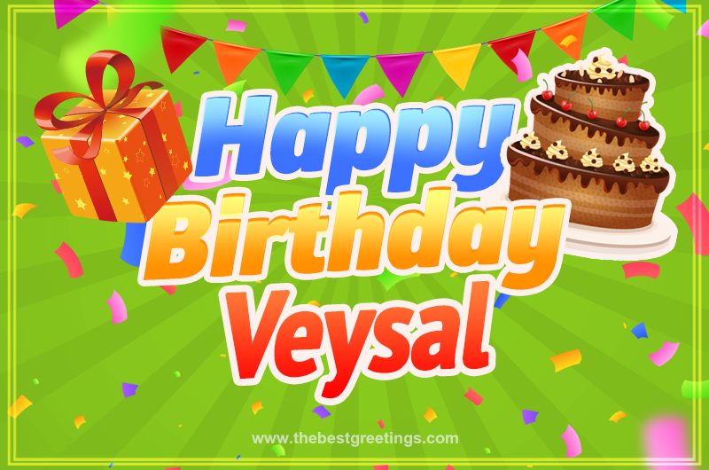 Happy Birthday Veysal picture with flags, chocolate cake and gift box