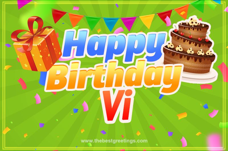 Happy Birthday Vi picture with flags, chocolate cake and gift box