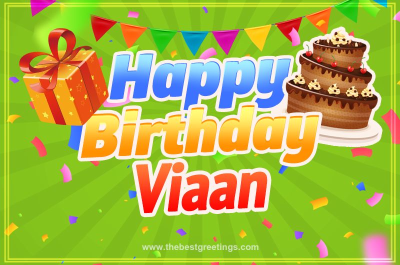 Happy Birthday Viaan picture with flags, chocolate cake and gift box