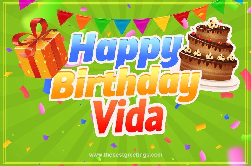 Happy Birthday Vida picture with flags, chocolate cake and gift box