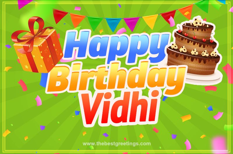 Happy Birthday Vidhi picture with flags, chocolate cake and gift box