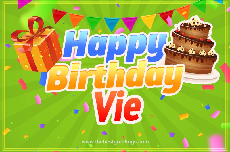 Happy Birthday Vie picture with flags, chocolate cake and gift box