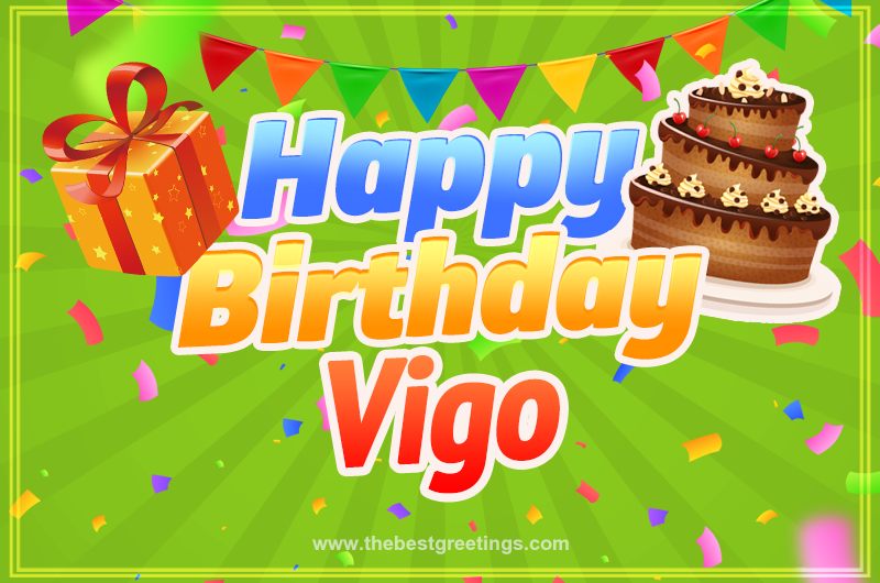 Happy Birthday Vigo picture with flags, chocolate cake and gift box