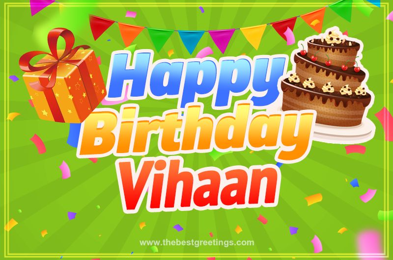 Happy Birthday Vihaan picture with flags, chocolate cake and gift box