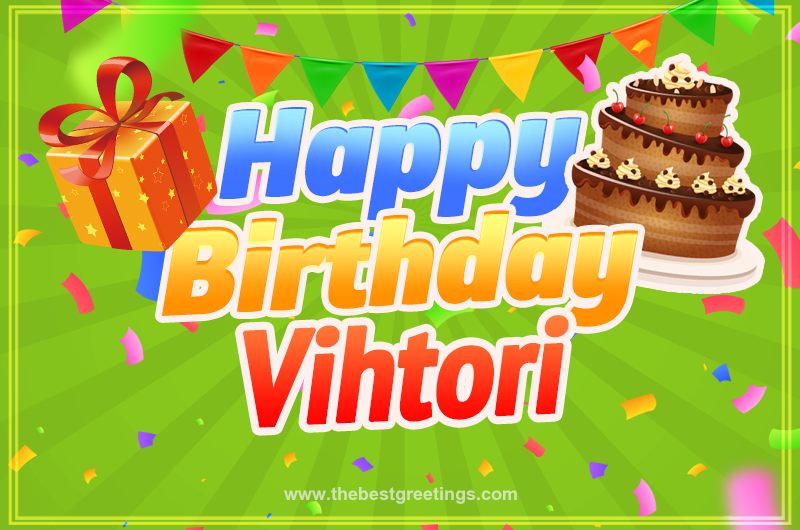 Happy Birthday Vihtori picture with flags, chocolate cake and gift box