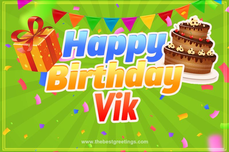 Happy Birthday Vik picture with flags, chocolate cake and gift box